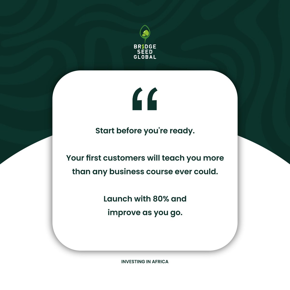 Bridge_Seed's tweet photo. In Africa, speed matters. Learning from the market matters even more. Don’t wait until everything is perfect.

Start. Launch. Listen. Improve.

Your first customers will shape your product better than any business theory.

80% is enough to begin — momentum does the rest! https://t.co/y18LOiwPhz