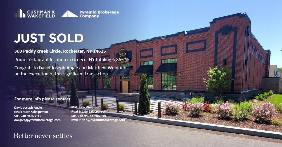 JUST SOLD | Rochester, NY
300 Paddy Creek Circle, a 6,863 SF restaurant property in Greece, NY, has closed. Congrats to David Joseph Angie and Matthew Weinrieb.
