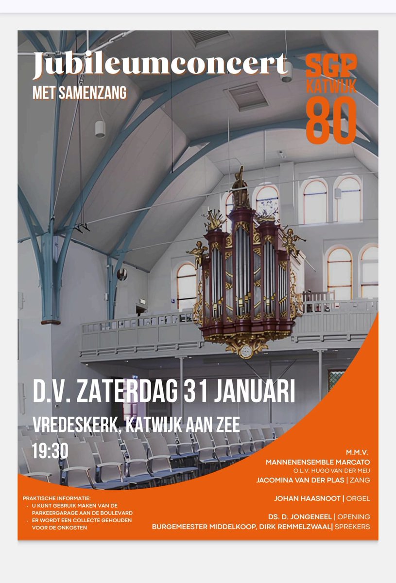 D.V. zaterdagavond 31 januari houd SGP Katwijk een jubileumconcert met samenzang omdat we 80 jaar bestaan. We willen U van harte uitnodigen om dit concert bij te wonen. Het begint om 19.30 en er is na afloop koffie en thee.