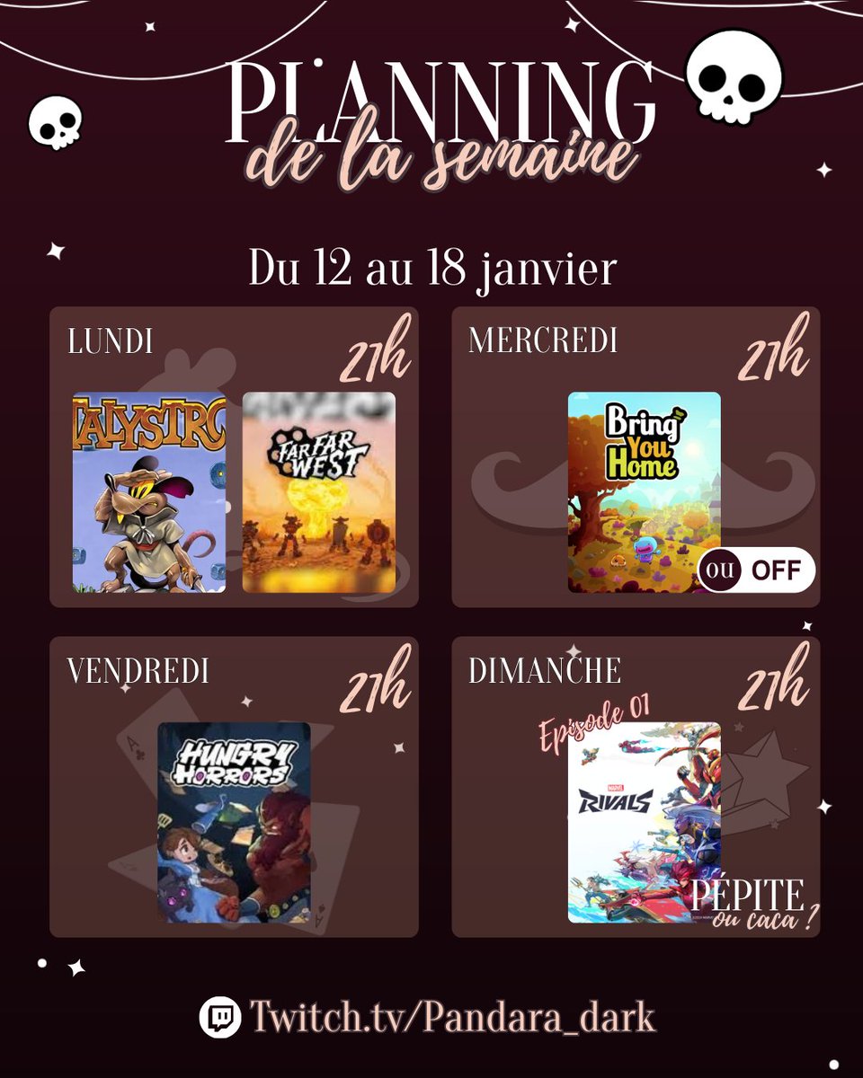 Pandara_Dark's tweet photo. 🗓️Planning 12 au 18 janvier
✨Lundi : #Talystro +#FarFarWest avec Isa
💊Mardi : Le pc rend visite au docteur
✨Mercredi : #Bringyouhome
✨Vendredi : #Hungryhorrors
✨Dimanche : Pépite ou caca ? Episode 1 : #MarvelRivals
#TwitchStreamers #indiegame https://t.co/zvNKPfslA1