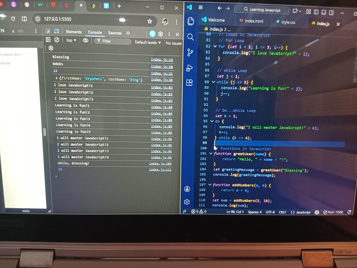 blessingndeks's tweet photo. Today I dove into JavaScript loops and functions.
Itโs wild how a few lines of code can do the work of hundreds.
Feeling grateful for small wins and consistent learning ๐ปโจ
#GTCVisibiltyReset #GTCCommunity #ProfessionalGrowth #JavaScript #TechTrends
#Consistency https://t.co/ukcQUuL6g1