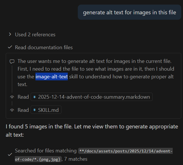 Using Agent Skills to add alt texts to my blog post images
jannemattila.com/appdev/2026/01…
#GitHubCopilot #AgentSkills