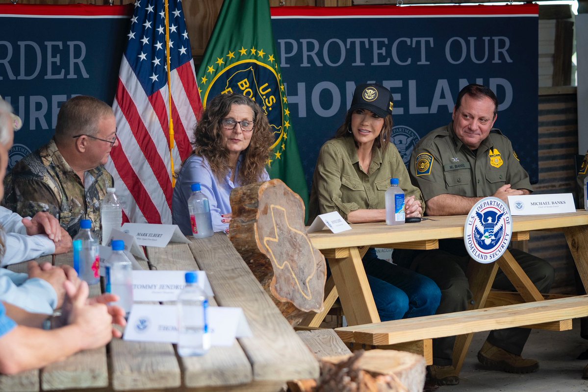 Sec_Noem's tweet image. In Brownsville, Texas, I had the pleasure of meeting with ranchers and farmers from the Rio Grande Valley who, just a year ago, experienced caravans of illegal aliens trespassing across their property through a wide-open border.

Thanks to President Trump’s leadership, the border…