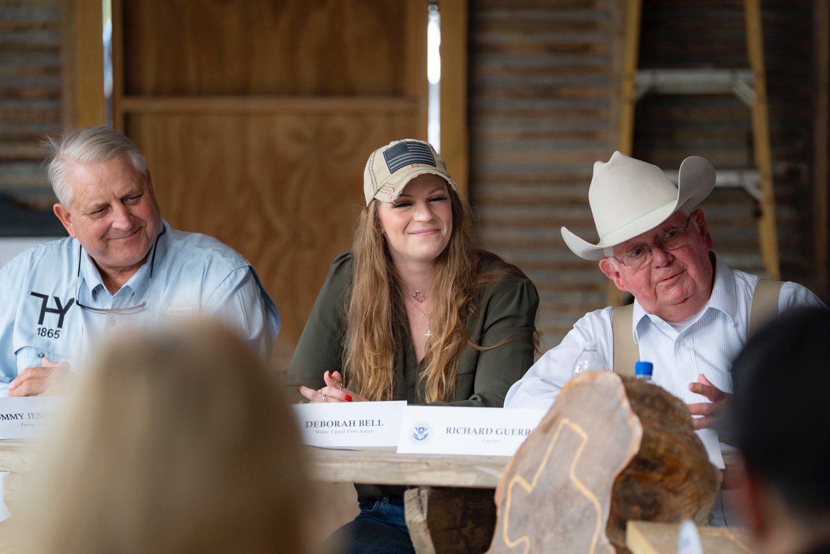 Sec_Noem's tweet image. In Brownsville, Texas, I had the pleasure of meeting with ranchers and farmers from the Rio Grande Valley who, just a year ago, experienced caravans of illegal aliens trespassing across their property through a wide-open border.

Thanks to President Trump’s leadership, the border…
