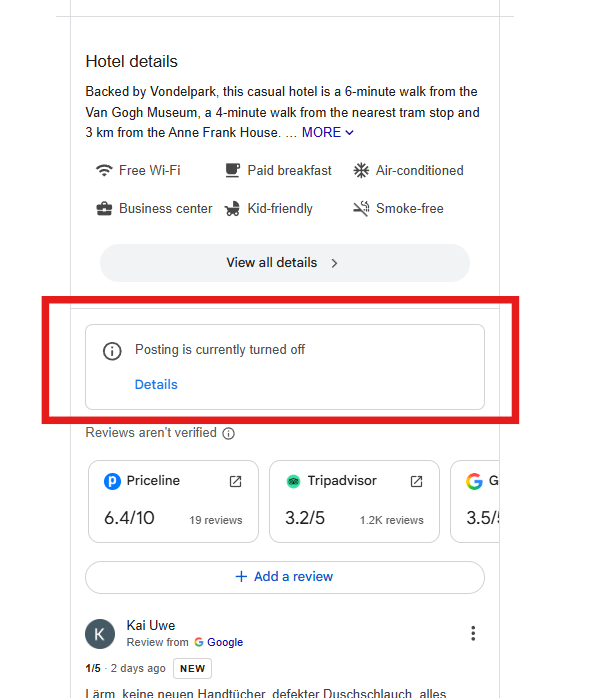 Noticed this Google alert appearing across all hotels I searched for today. Anyone else seeing this? Curious what’s triggering it. 👀 #GBP <a href="/JoyanneHawkins/">Joy Hawkins</a> <a href="/rustybrick/">Barry Schwartz</a> <a href="/GuideTwit/">Tim Capper</a>