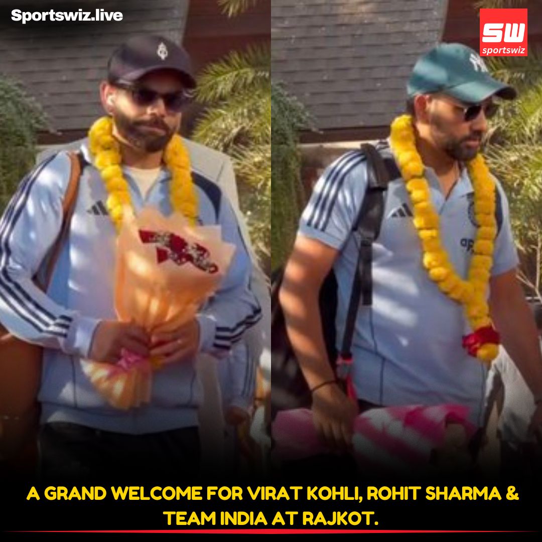 mysportswiz's tweet photo. A GRAND WELCOME FOR VIRAT KOHLI, ROHIT SHARMA &amp; TEAM INDIA AT RAJKOT!

https://t.co/7Wm3X0Tlrs 

#AyushBadoni #Rohit #JustinHerbert #Carrick #49ers #Niners #Sachin #ODIs #Purdy #Kittle #Pats #Patullo #SanDiego #FTTB #Skip #AJBrown #Sirianni #Philly #Wilcox #Chargers #Eagles https://t.co/FfpXexvIxD