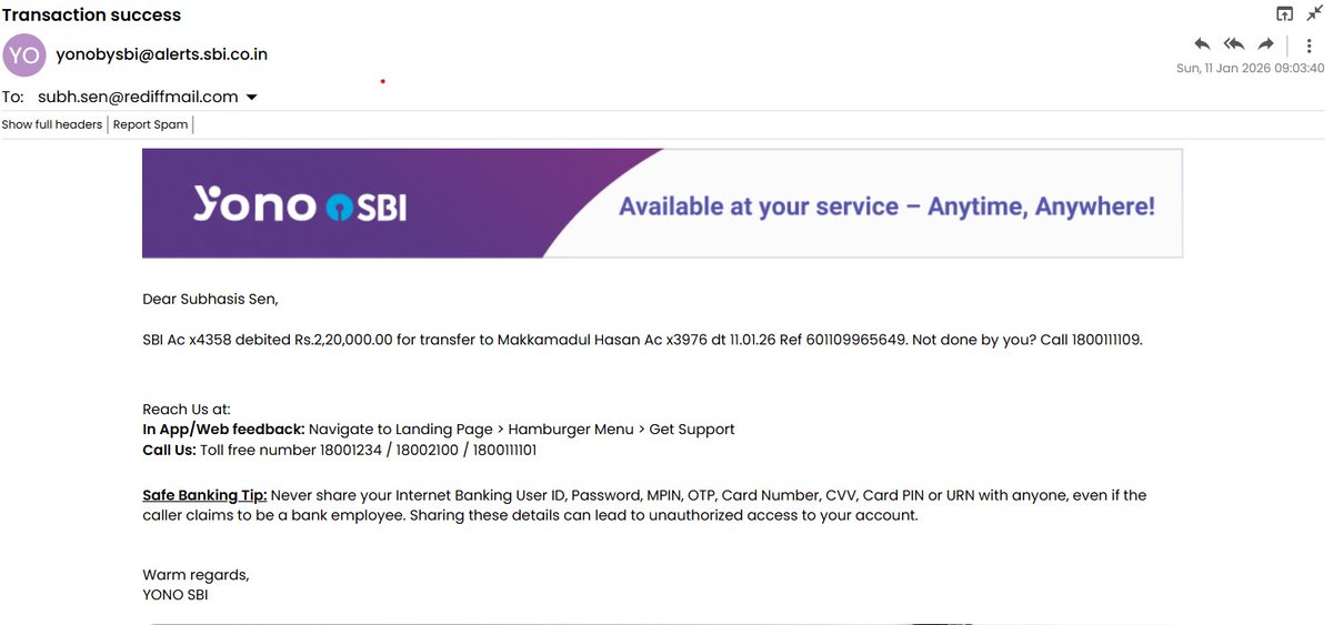 ProfessorSubh's tweet photo. @RBI This is to bring to your notice that an unauthorized transaction of Rs. 2,20,000 has been debited online from my SBI A/C using Yono App by the hacker on 11th January 2026 around 9 am. I am totally bankrupt, and I have no money at present. Please help. https://t.co/PLsaMIMYJC