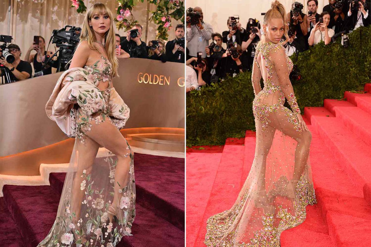 Jennifer Lawrence's Golden Globes 2026 Naked Dress Is a Callback to This Naked Look Beyoncé Wore 11 Years Ago man ! 2015 ! 🦠🤯