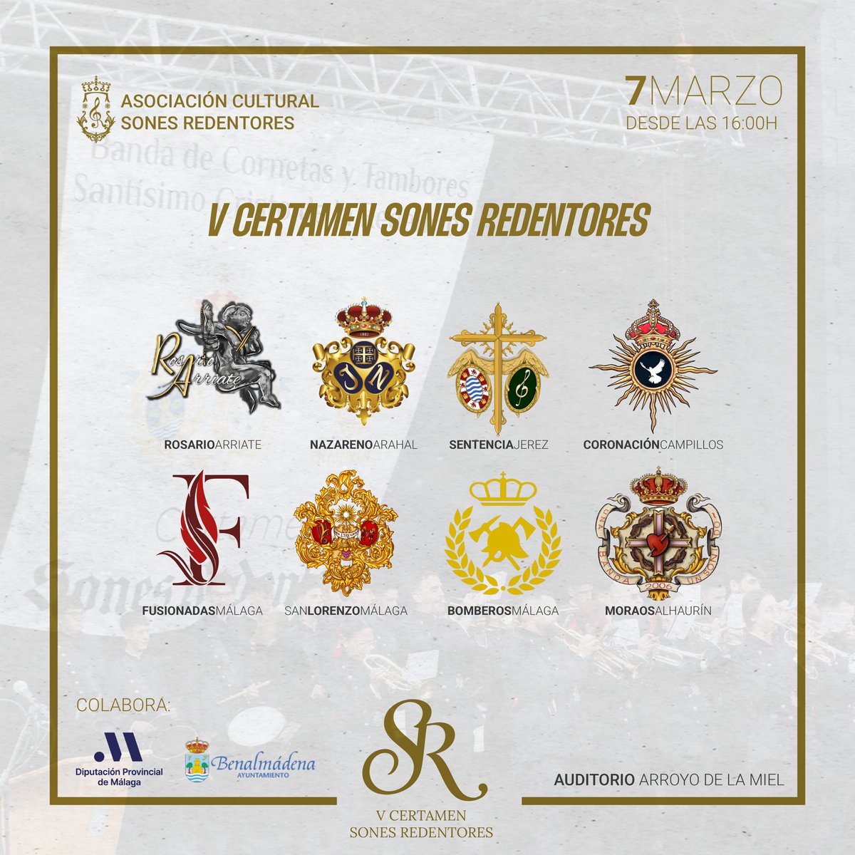 El próximo Sábado 7 de Marzo, nuestra formación participará en el V Concierto de ‘Sones Redentores’, de nuestros compañeros <a href="/RedencionBct/">Redención de Benalmádena</a> 
Gracias por contar con nosotros!!