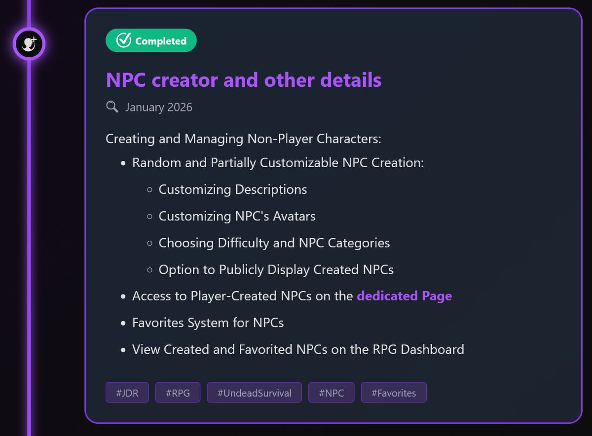 UndeadSurvi's tweet photo. New milestone for the site!
You can now create NPCs! I hope you like the system (I still have to improve it)!
I've also made some changes and improvements to other parts of the site. https://t.co/5QnHTL0Y9G