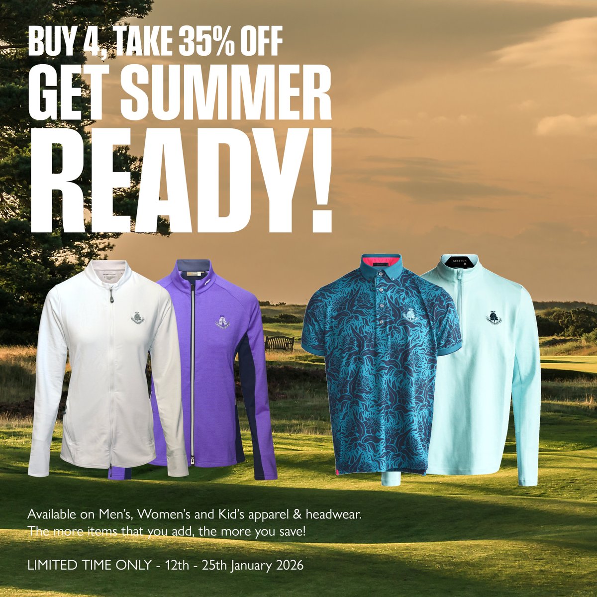 carnoustiegolf's tweet photo. Get summer ready! ☀

Add 4+ items from men's, women's &amp; kids' apparel/headwear &amp; get 35% OFF + Free shipping £100/£150 (UK/ROW).

Why not order your items now and collect them when you arrive this year?

Limited time - ends 25 Jan 2026!

Shop now 👇
https://t.co/KgWKQJDjg3 https://t.co/ii6yOSn7Tx