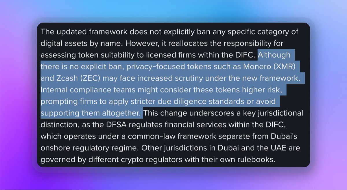 This is clickbait. Only companies in the Dubai International Financial  Centre area are affected by this law. Regular dudes like me can use Zcash  just fine. The bar for crypto journalism is