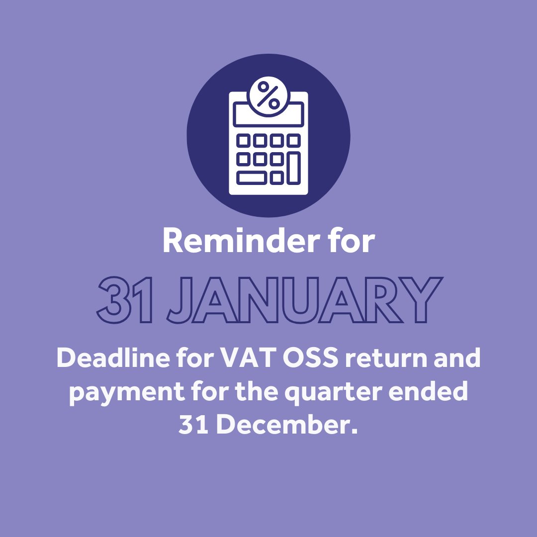 The deadline for VAT OSS returns is approaching ⏰

You have until 31 January to submit yours. 

If you need a hand with your VAT returns, our experts can help.

Contact us today. 

#OSS #VAT