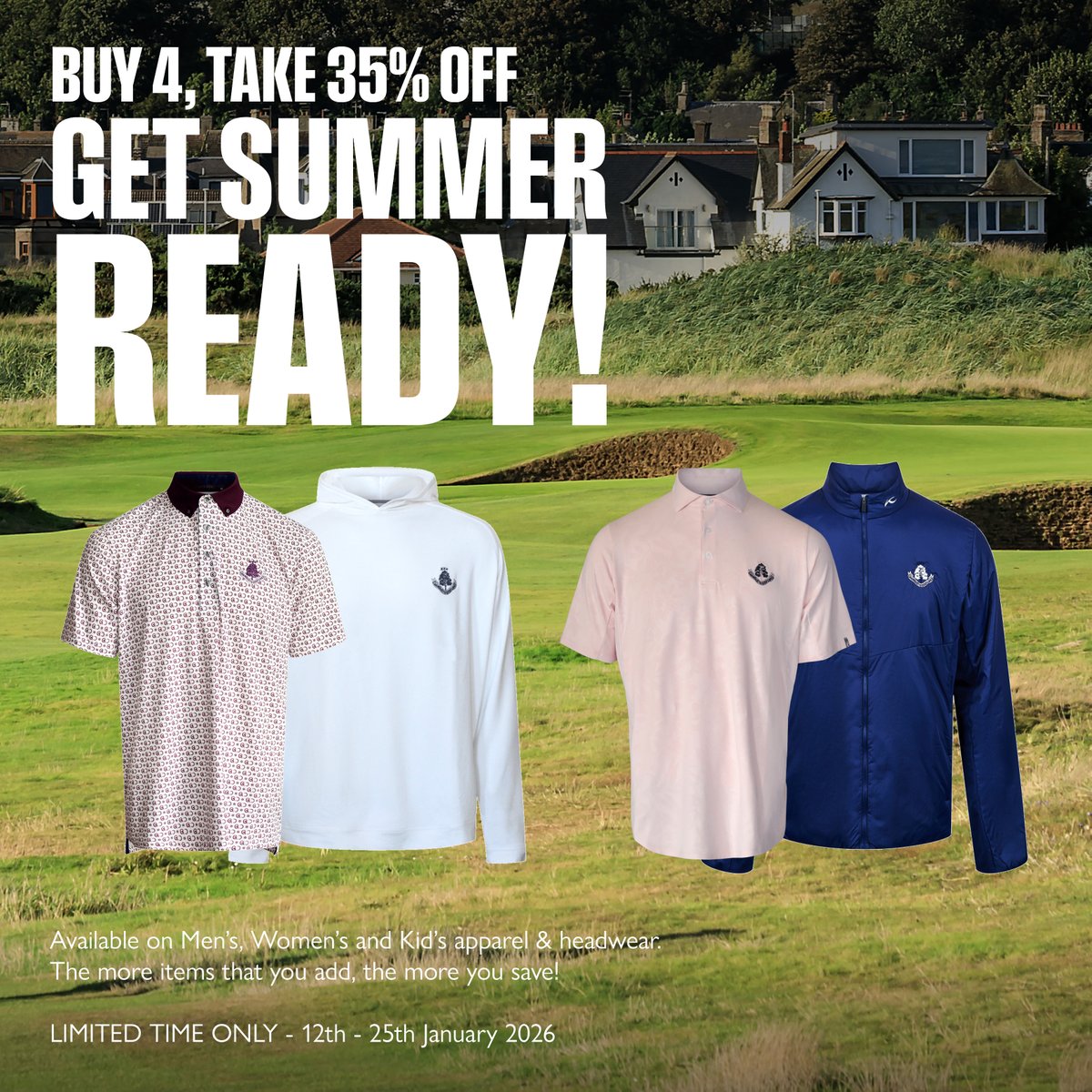 carnoustiegolf's tweet photo. ONLY 2 DAYS LEFT!

Add 4+ items from men's, women's &amp; kids' apparel/headwear &amp; get 35% OFF + Free shipping £100/£150 (UK/ROW).

Why not order your items now and collect them when you arrive this year?

Limited time - ends 25 Jan 2026!

Shop now 👇
https://t.co/KgWKQJCLqv https://t.co/GRNTpJ2ETa
