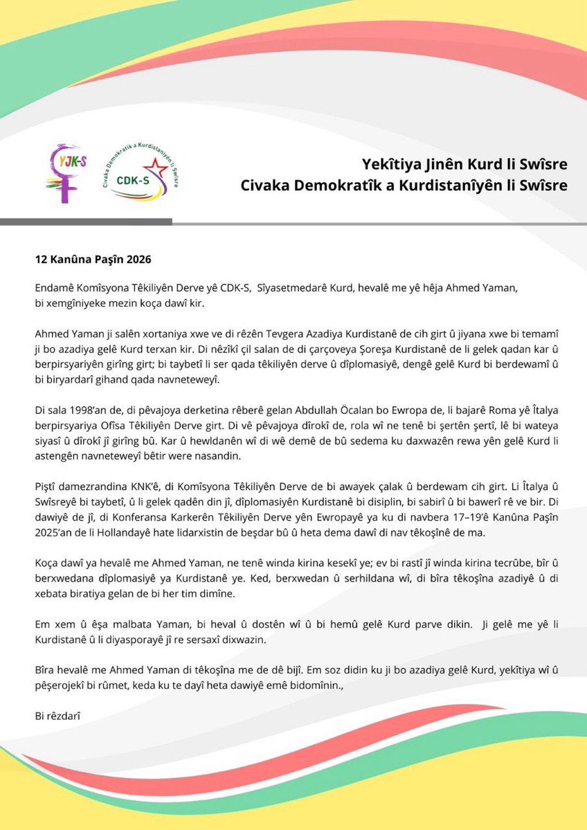 CDK-S Diş ilişkileri üyesi ve Kürt siyasetçi Ahmet yamanın Vefatı için baş sağlığı