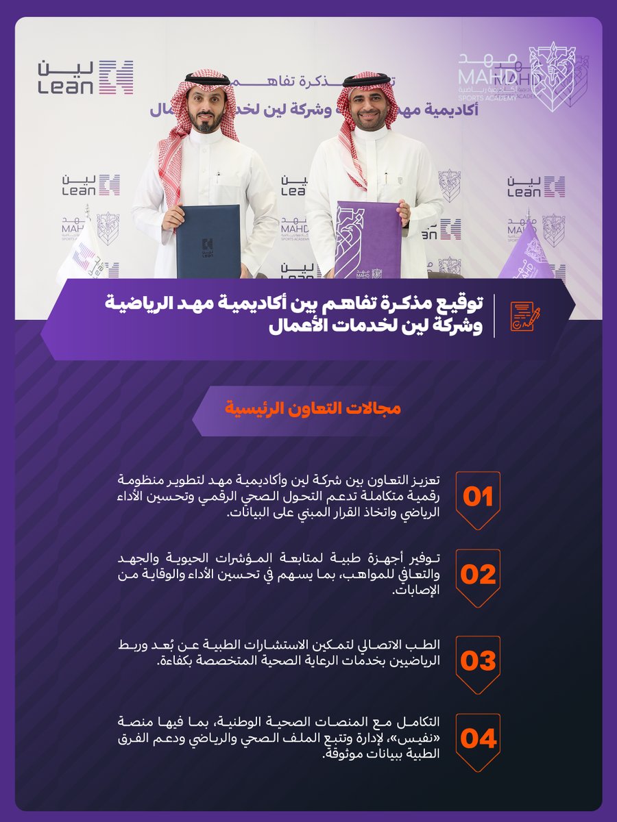 MahdAcademy's tweet photo. وقّعت أكاديمية مهد الرياضية مذكرة تفاهم مع شركة لين لخدمات الأعمال @leansaudi، لتعزيز التعاون في تطوير منظومة رقمية متكاملة تدعم التحول الصحي الرقمي في القطاع الرياضي، وتسهم في تحسين الأداء الرياضي واتخاذ القرارات المبنية على البيانات.

#أكاديمية_مهد | #أرض_الأبطال 🟣🟠 https://t.co/uoYmvNZviR