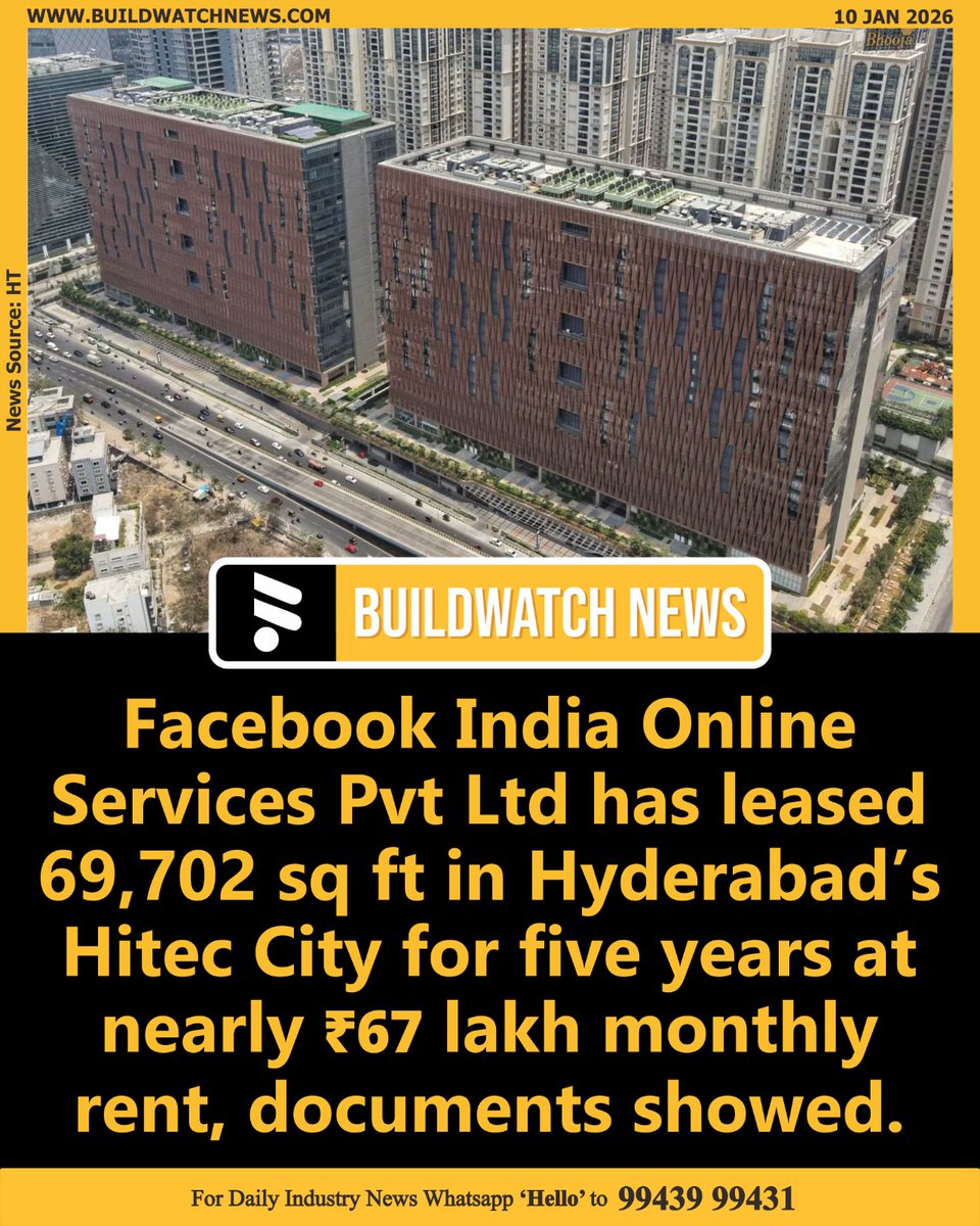 BuildWatchNEWS's tweet image. Facebook India leases office space in Hyderabad’s Hitec City

🔗Read more:buildwatchnews.com/facebook-india…

#FacebookIndia #Hyderabad #HitecCity #OfficeLease #ITInfrastructure #CommercialRealEstate #TechExpansion