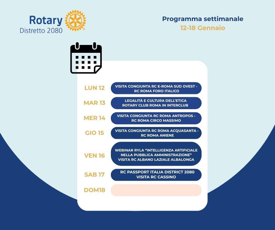 📆 Agenda del Governatore Adriana Muscas.
Settimana 12 gennaio - 18 gennaio 2026.