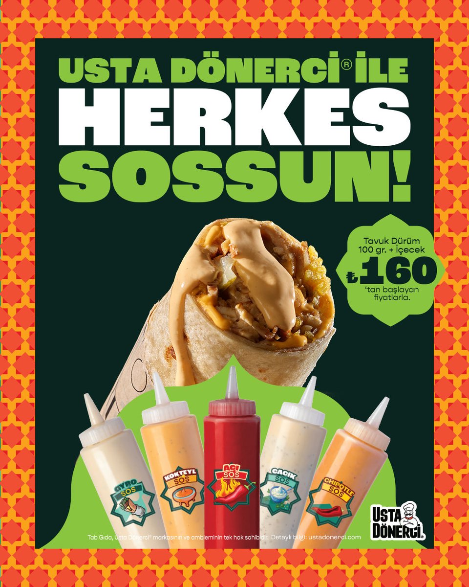 Tanıdığın lezzetin yenisi şimdi 5 yeni sos ile! Usta Dönerci®️ ile şimdi herkes sossun!

#UstaDönerci