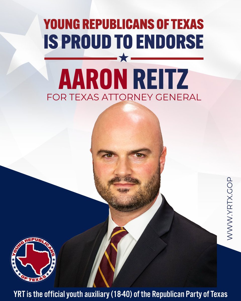 YRsOfTexas's tweet photo. BREAKING: The Young Republicans of Texas proudly endorse Aaron Reitz for Texas Attorney General!

Aaron Reitz knows what time it is, and his record proves he's ready to deliver crushing victories against the Left from day one as Texas Attorney General. https://t.co/GC9tEiZWnF