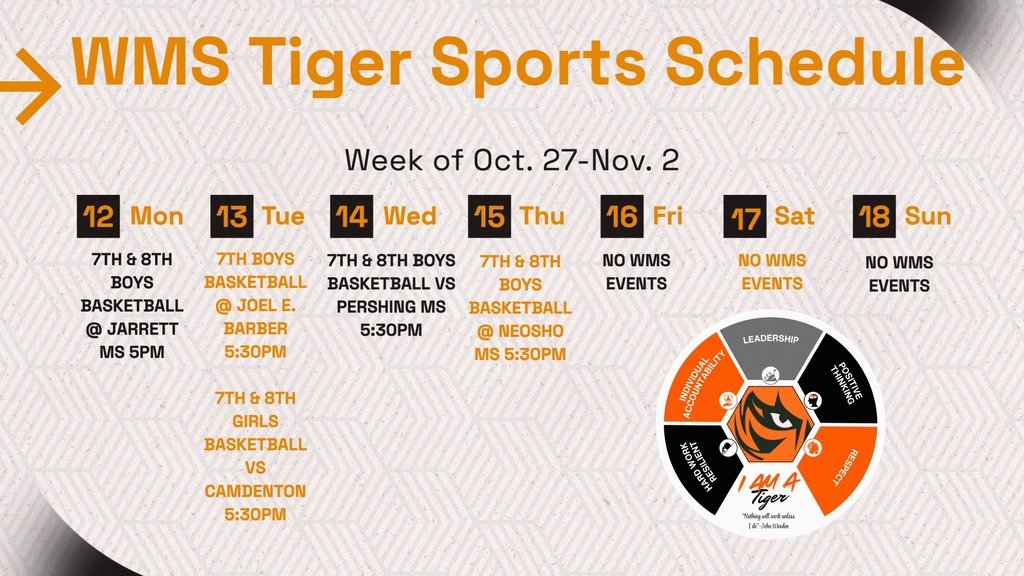 This weeks WMS Athletics schedule. Go Tigers!!