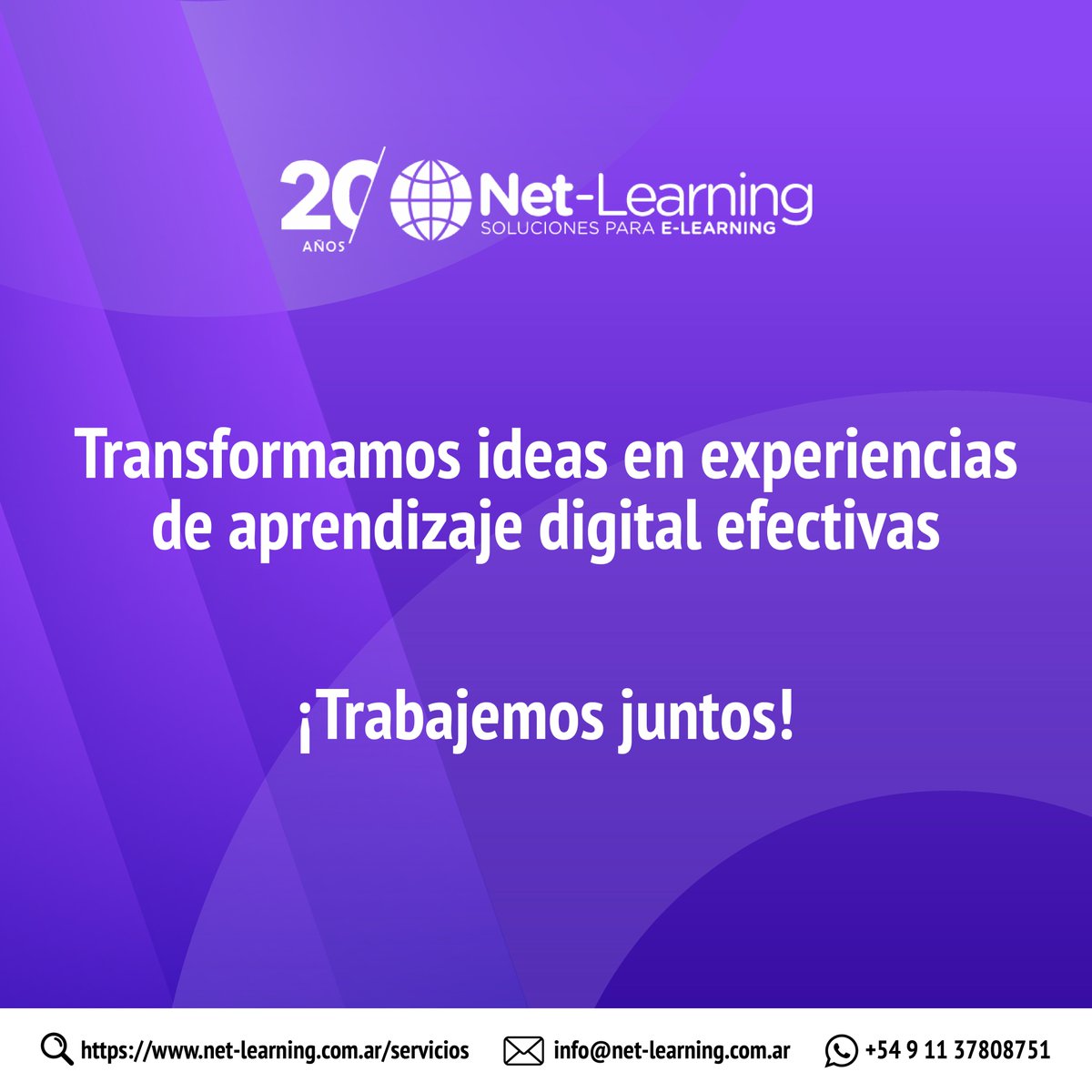Transformamos ideas en experiencias de aprendizaje digital efectivas.
Diseñamos materiales alineados a tus objetivos y a las necesidades de tus usuarios.
👉 net-learning.com.ar/servicios
¿Tienes consultas? Escríbenos a info@net-learning.com.ar   - WhatsApp: +54911 3780 8751