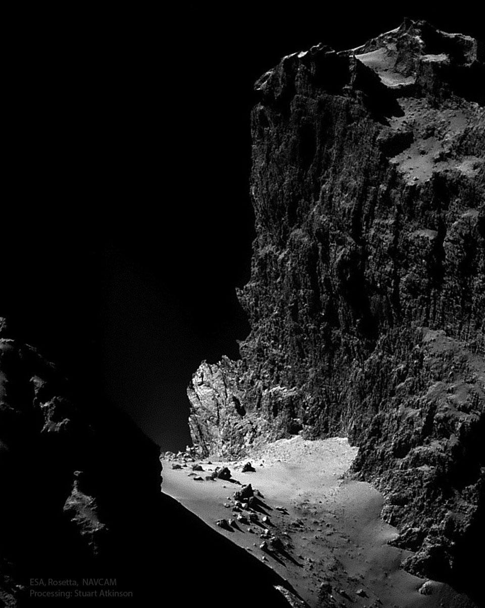 🚨Behold! This is a massive kilometer high cliff on Comet Churyumov.

If you jumped from the top of this cliff, it would take you 57 minutes to fall to the bottom of this cliff.