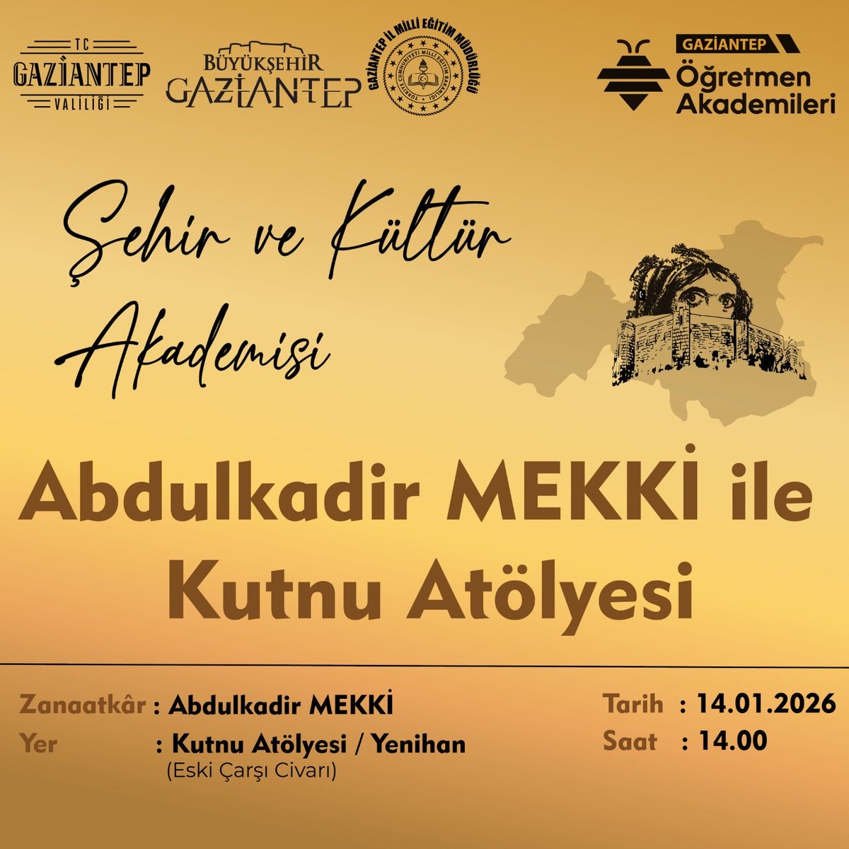 📚 ÖĞRETMEN AKADEMİLERİ
🏛️ ŞEHİR VE KÜLTÜR AKADEMİSİ

Öğretmen Akademileri – Şehir ve Kültür Akademisi kapsamında
“Gelenekten Geleceğe Kutnu Atölyesi” etkinliği gerçekleştirilecektir.

📍 Yenihan
🗓 14 Ocak Çarşamba
⏰ 14.00

Kutnu kumaşı; ustalığın, sabrın ve estetik anlayışının