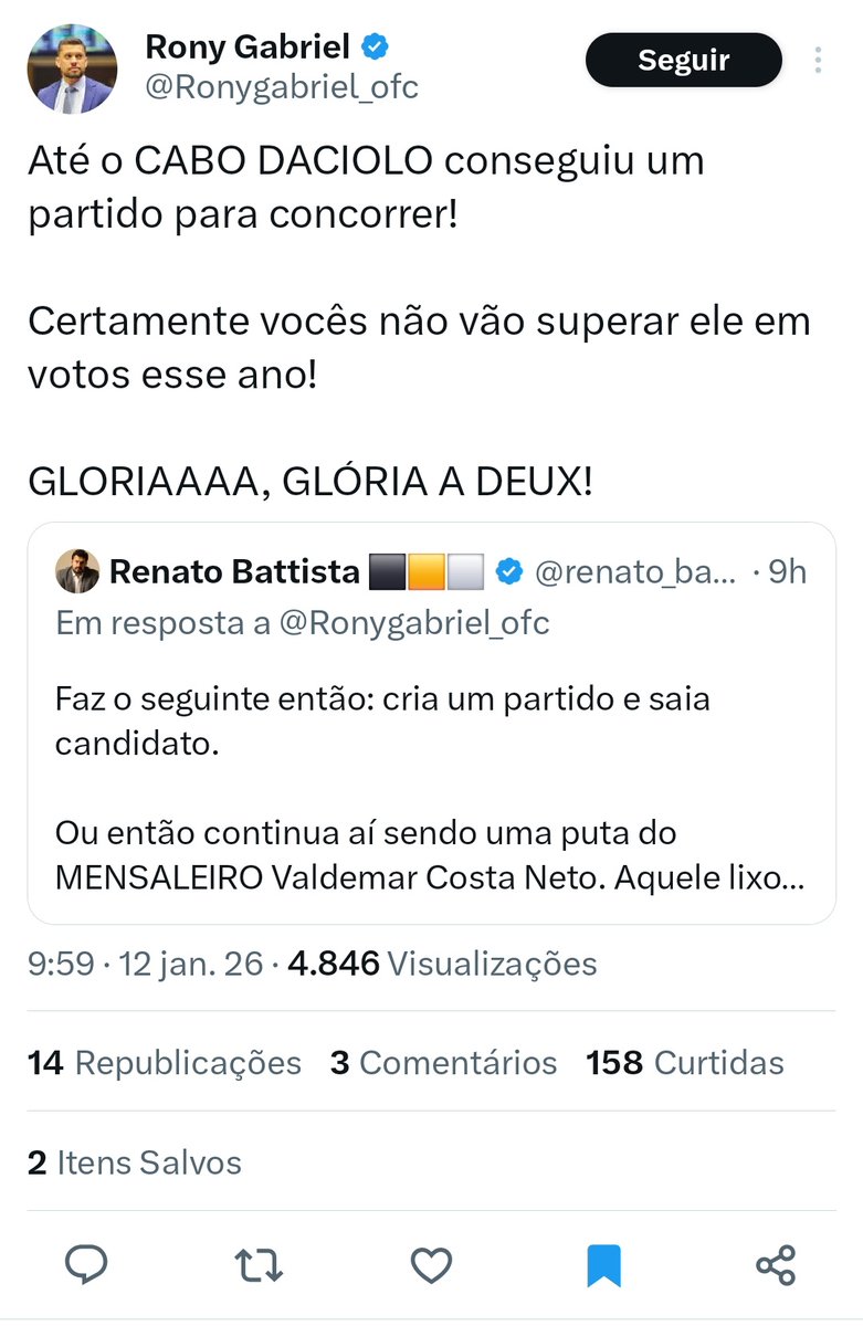 Esse rony realmente aceitou a funçãode hater institucional do MBL
Cuidado <a href="/FernandoHoliday/">Fernando Holiday</a> tão tentando te tirar do posto

Rony é um saco vazio, que só tem popularidade por causa desse tipo de atitude afeminada, de constantemente demonstrar que é debochado.

Puro suco millennial