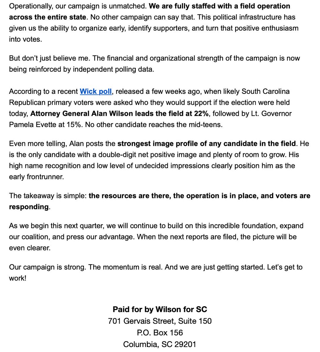 .<a href="/AGAlanWilson/">Alan Wilson</a>'s momentum is just getting stronger

✅Receipts to Date: $1,836,064
✅Total Raised in Q4 (no loans, no personal investment from Alan): $536,524
✅Cash on Hand (12/31): $1,347,323

Plus:
✅running mate
✅statewide field operation
✅rising in polls

2026 Q1 here we