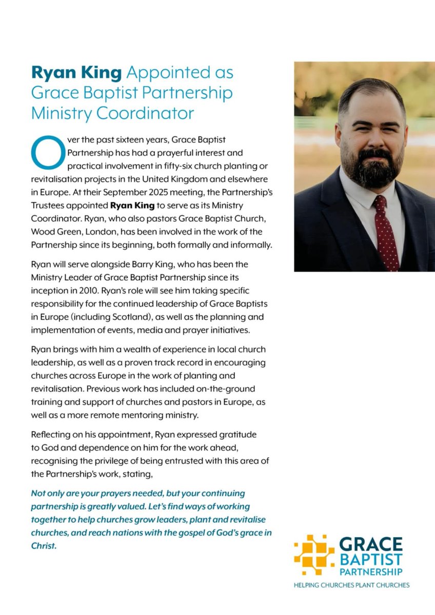 GraceBaptistsE's tweet photo. Yesterday, on the occasion of Grace Baptist Partnership's 16th anniversary, GBP announced the recent appointment of @RyanBurtonKing as Ministry Coordinator. Please pray for the ongoing work of the Partnership and for Ryan's role in particular. https://t.co/MTS6EMCpjI