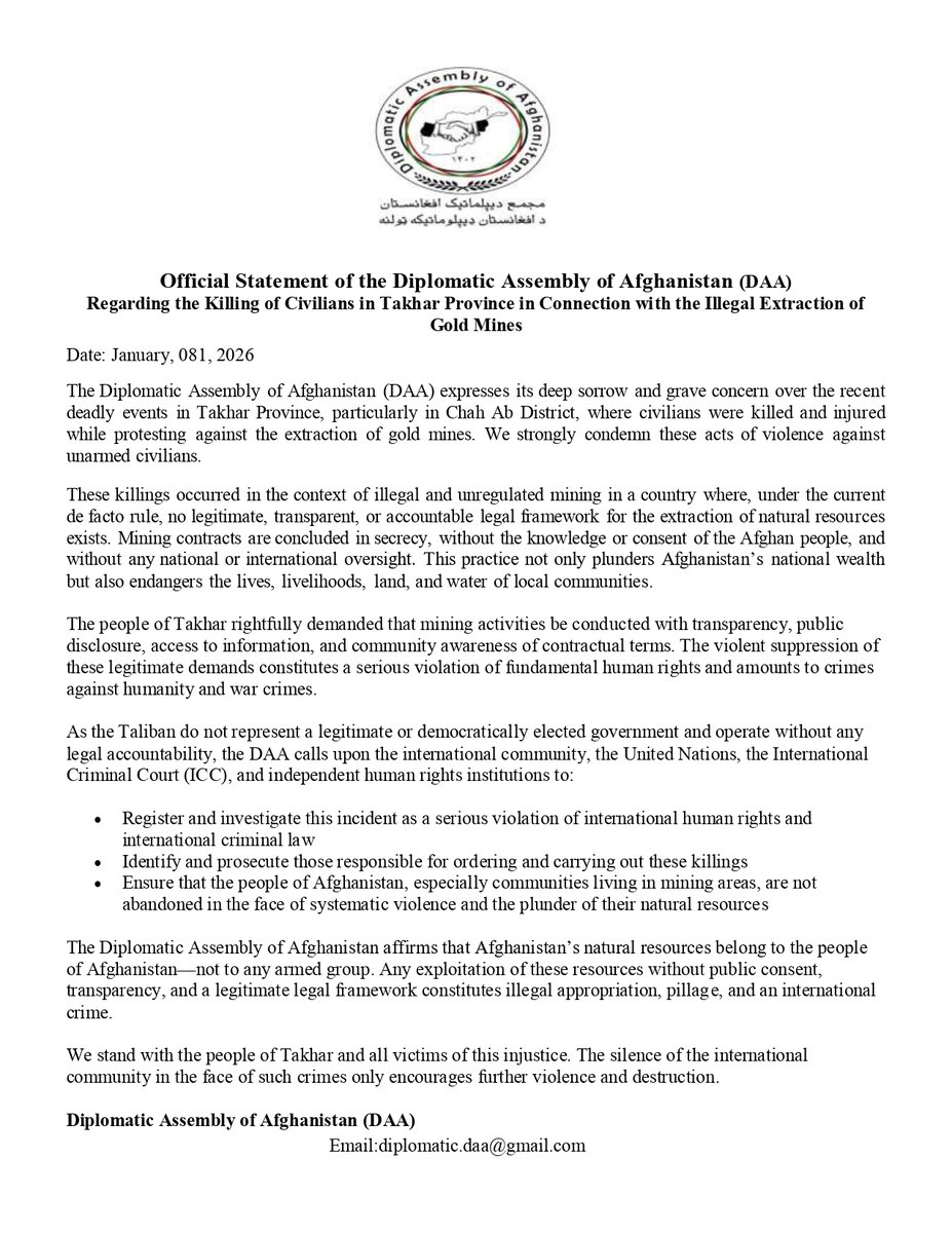 AssemblyDa30624's tweet photo. Official Statement of the Diplomatic Assembly of Afghanistan (DAA)
Regarding the Killing of Civilians in Takhar Province in Connection with the Illegal Extraction of Gold Mines
#Afghanistan #Takhar #UnitedNations #ICC #humanrights https://t.co/k7ThmfntWL