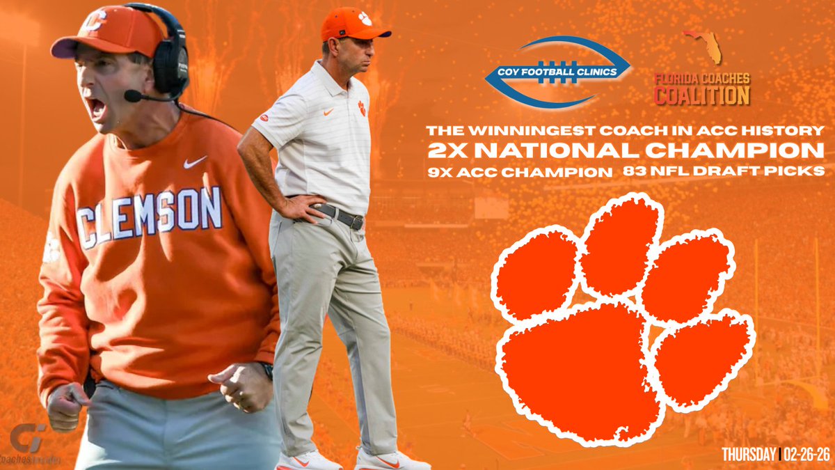 PayFLCoaches's tweet image. 🐅 DABO SWINNEY 🐅

Winningest Head Coach in ACC history.
2 National Championships.
9 ACC Championships.
83 NFL Draft Picks.

The LEGENDARY Clemson Head Coach will open the Orlando COY Clinic on Thursday.

This is championship DNA.
This is elite leadership.
This is one of the…