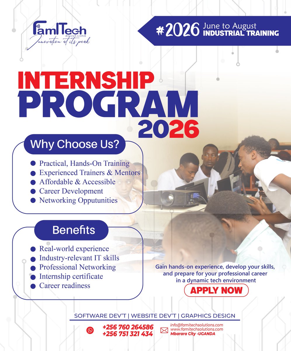 FamitechL's tweet photo. FamITech Solutions (Mbarara) is now accepting applications for the 2026 Industrial Training program. This is a fantastic opportunity to gain hands-on experience, develop your skills, and prepare for your professional career in a dynamic tech environment.
https://t.co/22Ze4ngZfw https://t.co/PTp80czD4f