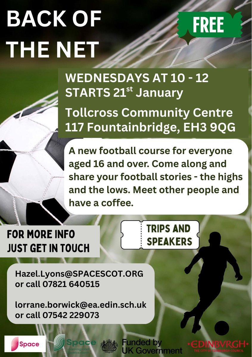 TalesOfOneCity's tweet photo. Love football? Kick off the new year with Back of the Net, a new #football course for everyone aged 16 and over! A place to share your football stories, meet other people and chat over a cuppa. Starts Wednesday 21 January. Contact Hazel or Lorrane for more details. https://t.co/0jYGArMBoy
