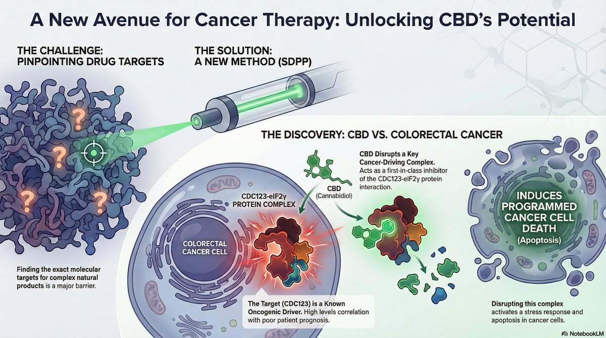 marclanders's tweet photo. Groundbreaking new study just dropped: CBD (cannabidiol) could be a game-changer against colorectal cancer!
Researchers discovered CBD blocks a key protein team-up (CDC123-eIF2γ) that drives bowel cancer — triggering massive cell stress and making cancer cells self-destruct (apoptosis).
Scientists created a new, more accurate tool (called SDPP) to discover exactly which proteins natural compounds (like those from plants) target in the body.
Using this tool on CBD (the non-psychoactive cannabis compound), they found it blocks two proteins (CDC123 and eIF2γ) from teaming up.
This blockage triggers long-lasting cell stress, causing colorectal cancer cells to self-destruct (apoptosis).
Key point: CDC123 drives colorectal cancer and high levels predict poor outcomes — so CBD disrupting it could be a promising, selective new treatment approach.
https://t.co/dObsLpr7K5