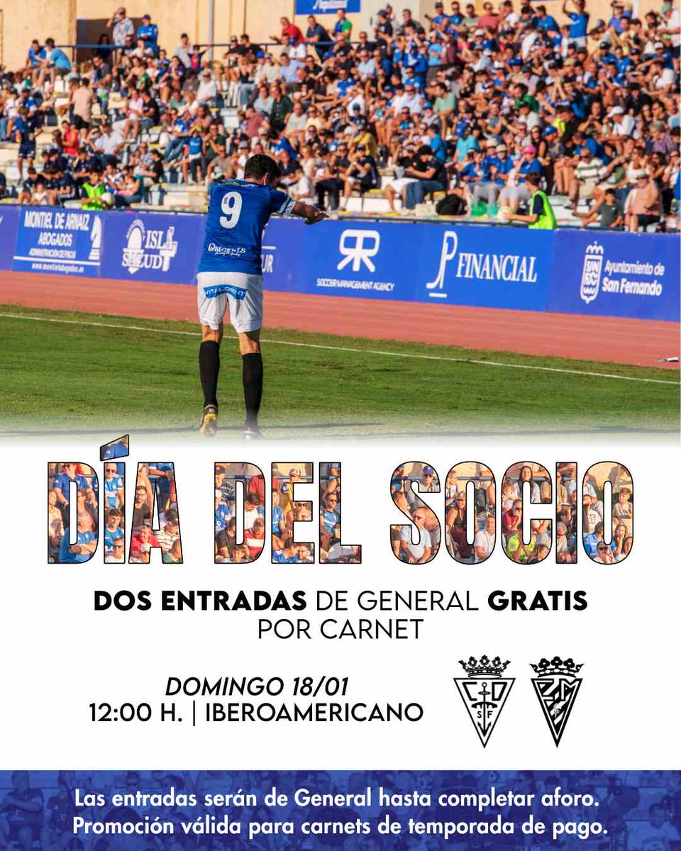 _CDSanFernando's tweet photo. 💙 ¡𝐃𝐈́𝐀 𝐃𝐄𝐋 𝐒𝐎𝐂𝐈𝐎 ESTE DOMINGO EN EL IBEROAMERICANO! 

🎟️🎟️ ¡Cada socio podrá retirar GRATIS hasta dos entradas de General!

🏟️ Promoción válida hasta este sábado a las 13h. en la Oficina de Atención al Aficionado. 

https://t.co/4eTsJpyZwy

#CDSanFernando1940 https://t.co/2KKCuAd0FK
