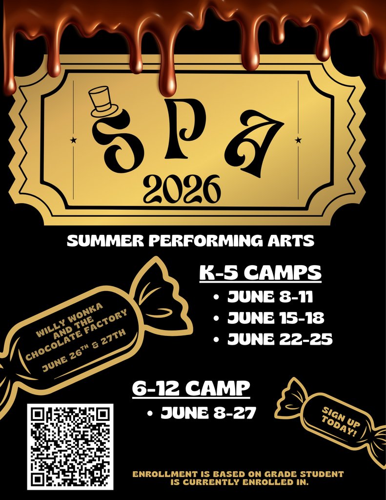 HSMSTigers's tweet photo. 🎭 Registration for SPA is NOW OPEN! 🍫✨
🎨 K–5 Camps:
Learn more about acting, performance, and fine arts in a fun, creative environment!

🎶 Grades 6–12:
Be part of a 3-week production of Willy Wonka and the Chocolate Factory—ending with full public performances! https://t.co/zZeitqdVao