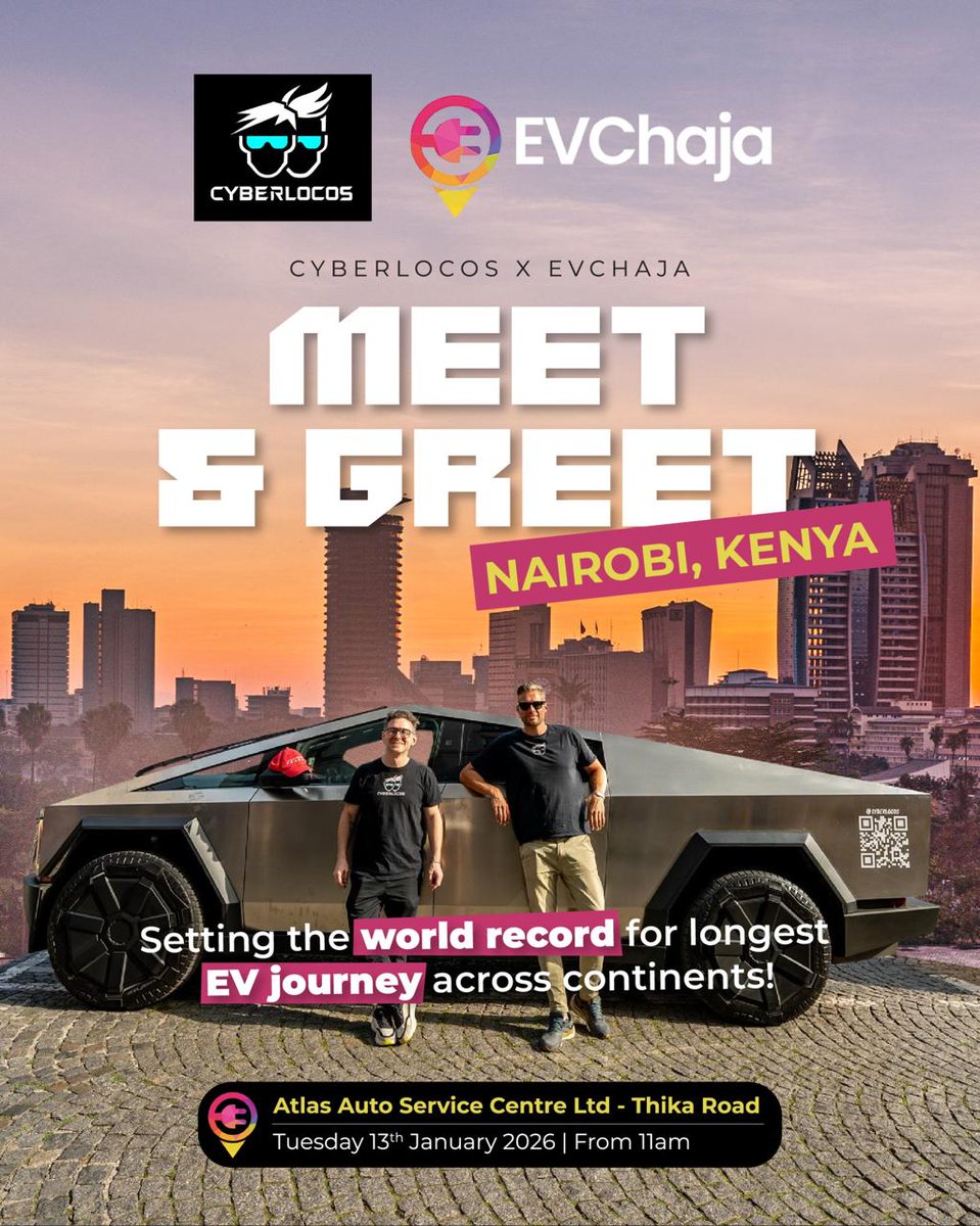 EvChaja's tweet photo. Nairobi, are you ready? 🔥

@theCyberLocos x EVChaja are bringing the EV community together for an epic MEET &amp; GREET!

📍 Atlas Auto Service Centre, Thika Road
🗓 13th Jan 2026 | ⏰ From 11AM

Come hang, talk EVs, and snap some pics 📸🚘

#EVCommunity #Cyberlocos #EVChaja https://t.co/MFaIz8rEfb