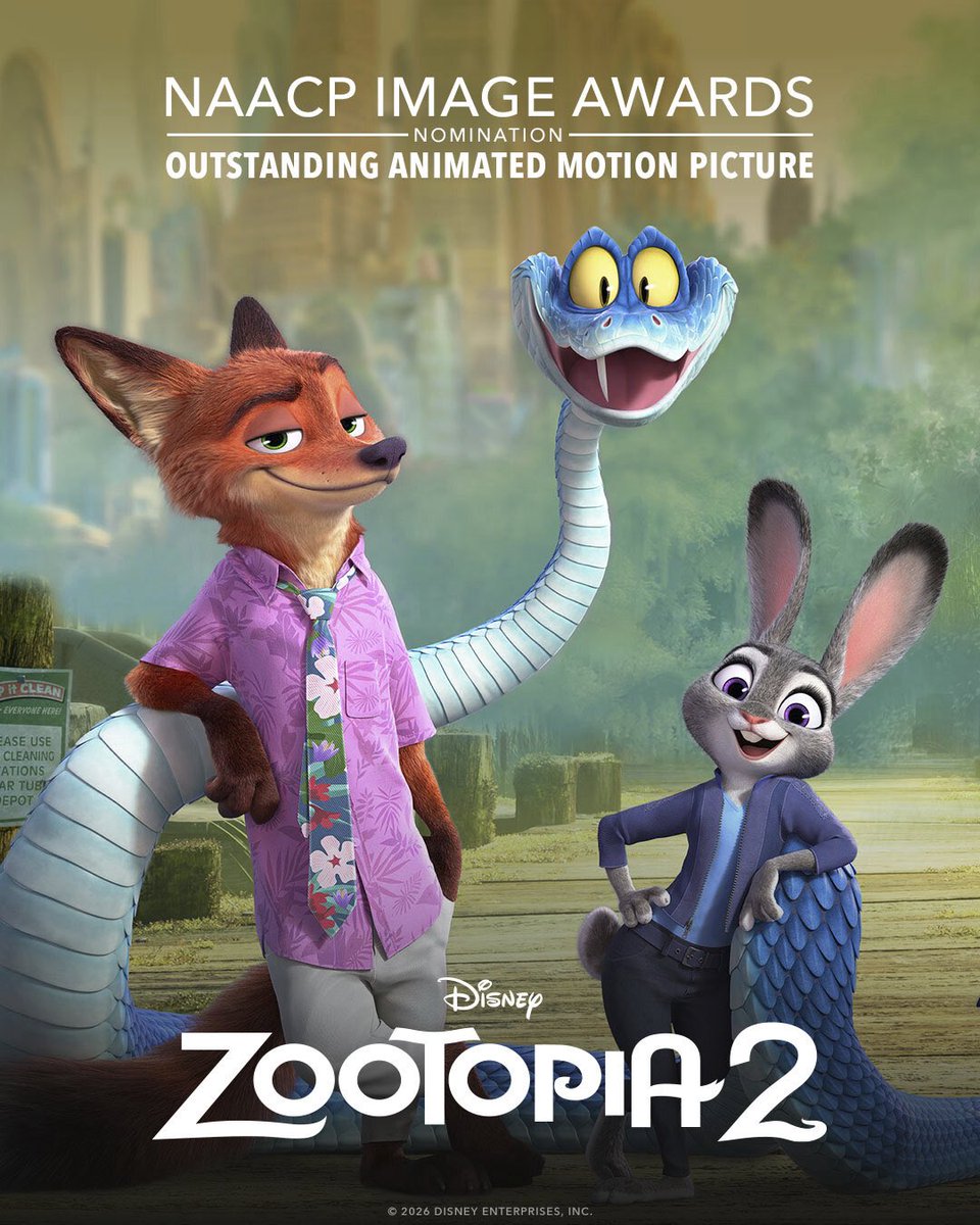 DisneyAnimation's tweet photo. Congratulations to the cast and crew of Disney’s #Zootopia2 on their NAACP Image Awards nomination for Outstanding Animated Motion Picture. #NAACPImageAwards https://t.co/Y8MAC8H7mK
