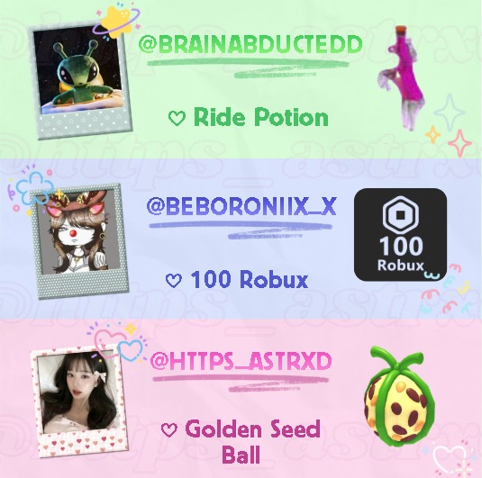 𝐂𝐨𝐥𝐥𝐚𝐛 𝐆𝐖 𝐏𝐭. 𝟐!˚˖𓍢ִ໋
⤷ 3 Winners, 1 for each person.

Rules:
Like &amp; Q/rt
Follow <a href="/https_astrxd/">𝐘𝐮𝐦𝐢𝐬𝐡𝐢𝐢 🦢┊Pet Sitting (1/5)!!༊*·˚</a>, <a href="/beboroniix_x/">𝓑𝓮𝓫𝓸 ★彡🫐</a>, <a href="/brainabductedd/">Anya !</a>
Comment "Done!" + tag a friend

Hc's:
Have either "🌸,🫐,👽" in ur profile 
Click the "🔔"
Join my Group in 🧵

Ends in days/enough entries!