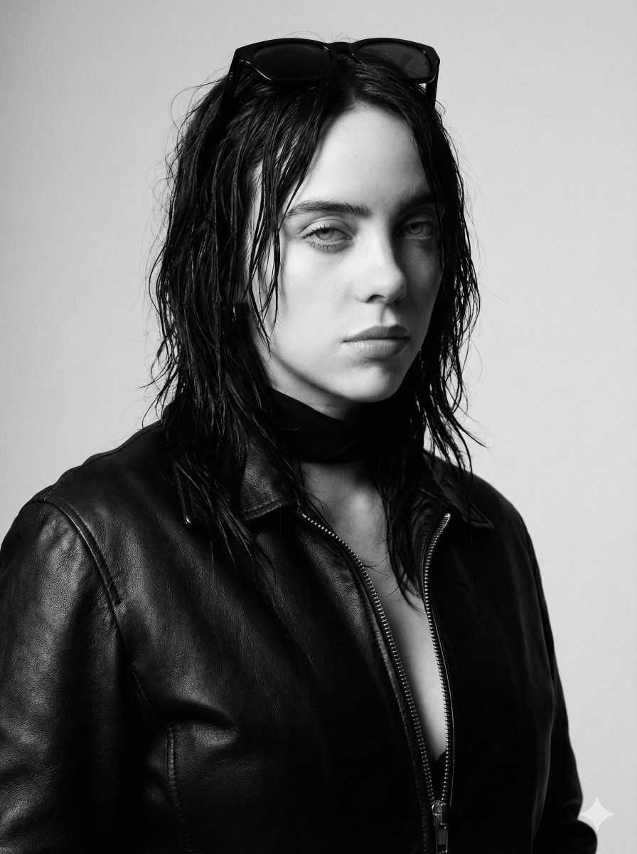 Black and White Cinematic Fashion Portrait (Billie Eilish) — example 2