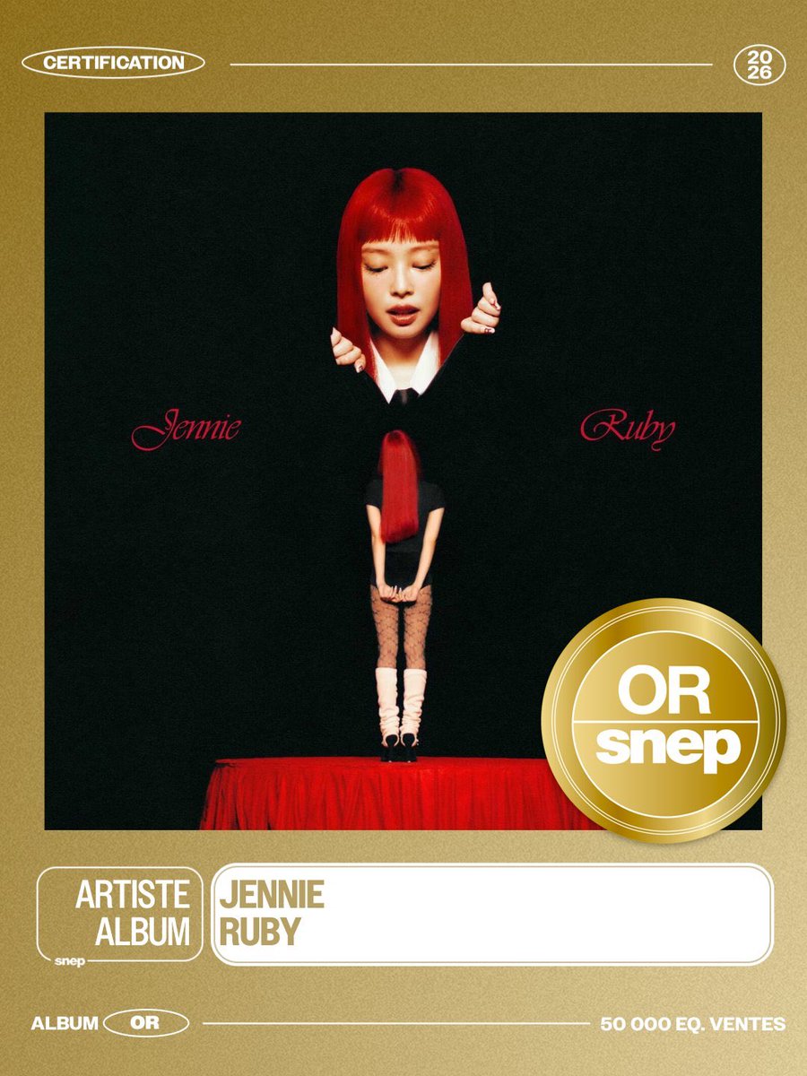 NEWSJENNlE's tweet photo. 📝 260112 ‘Ruby’ by #JENNIE is now certified Gold in France for surpassing 50,000 sales in the country. https://t.co/DZrvTz8i9K