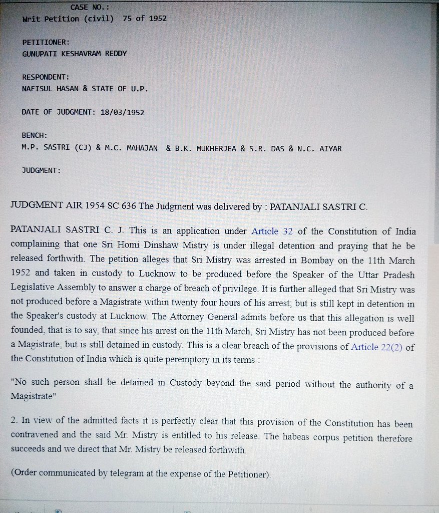 parasnsingh95's tweet photo. There was a time when Supreme Court used to decide habeas corpus petitions keeping the very purpose of this writ alive. Read this order of SC passed in 1952 to know how a constitutional court should go about habeas corpus petitions. https://t.co/yOiVKe5Yvi