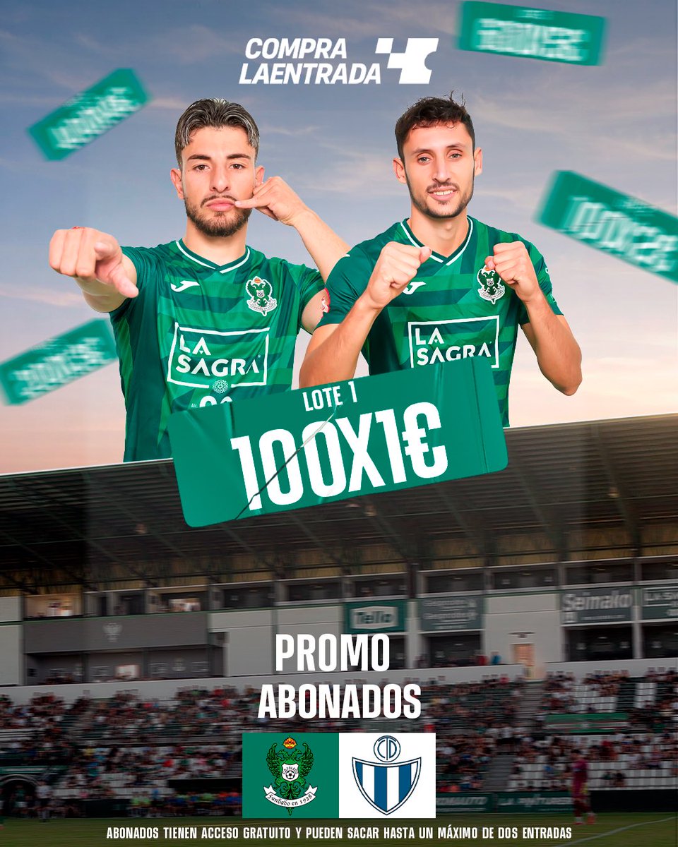 𝐏𝐑𝐎𝐌𝐎 | #ToledoTarancón 🏟️👀

El Club Deportivo Toledo lanza una promoción inédita en la historia del fútbol con lotes de entradas para acompañantes de abonados: 

- Lote 1: 100 entradas a 1€
- Lote 2: 100 entradas a 2€
- Lote 3: 200 entradas a 3€
- Lote 4: 400 entradas a