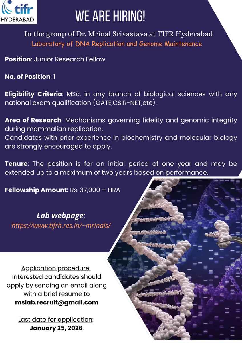 MrinalS01's tweet photo. #Join our team. Applications are invited for the position for Junior Research Fellow. If you are interested in DNA replication and genome stability, please check out the details below: #DNA replication #Stress Response https://t.co/XlUezq0kie