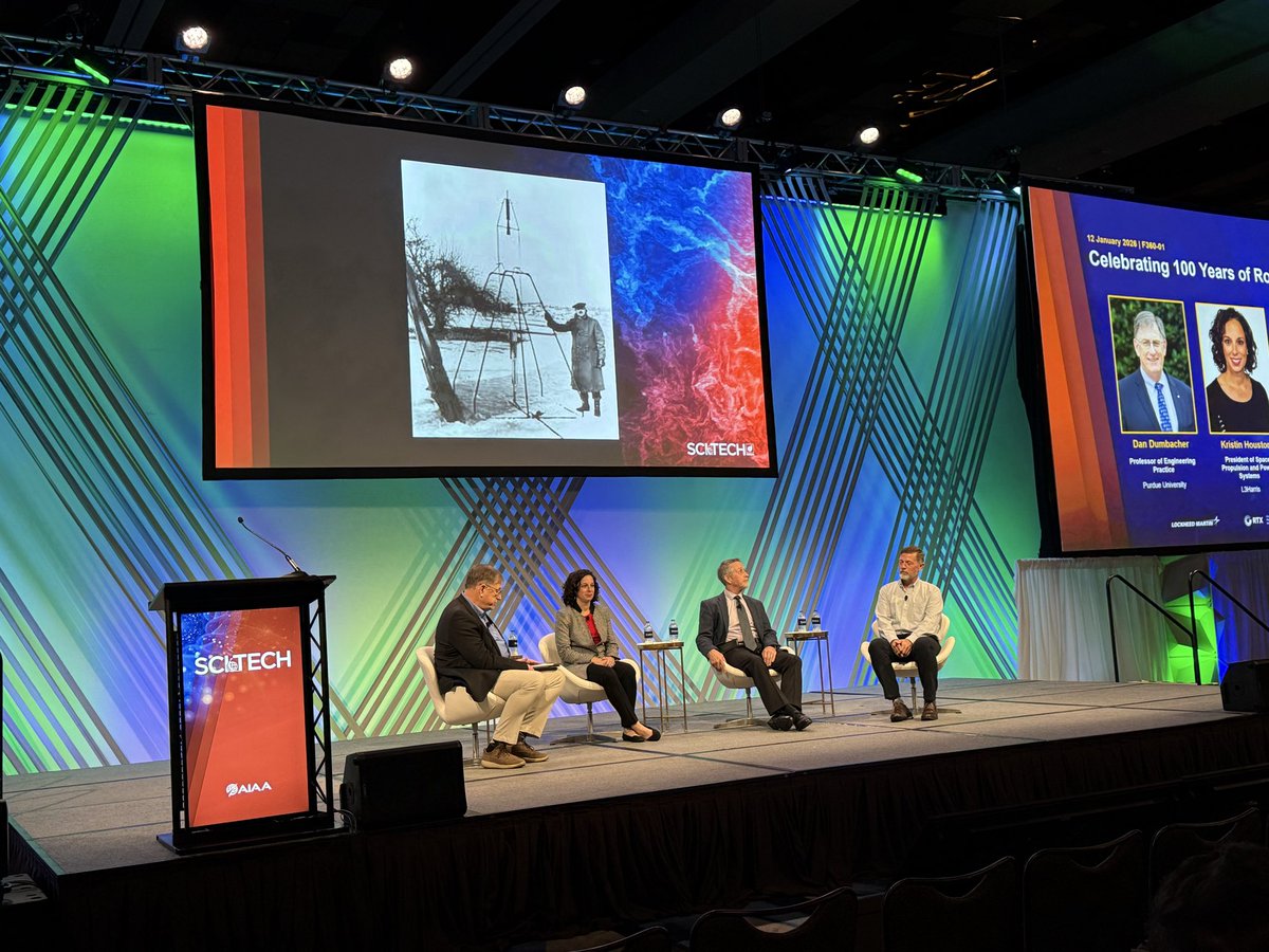 AstrogatorWest's tweet photo. Up next, a panel discussion reflecting on the tremendous progress in rocketry over the 100 years since Robert Goddard’s first liquid rocket flight. #SciTech26 https://t.co/Ifvxu0jma1