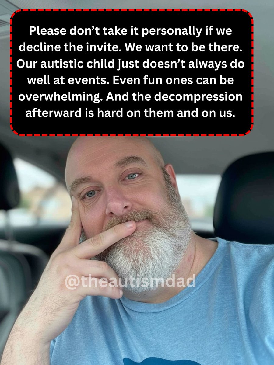 theautismdad's tweet photo. Sometimes declining an invite isn’t about not wanting to go. It’s about knowing the cost.

Even fun events can overwhelm an autistic persons nervous system. And the recovery afterward can take hours or days and it’s not fun for anyone. 

Please continue to invite us, even when you know we might not be able to attend. It helps us feel connected and remembered. ❤️🫶

#autism #parenting #theautismdad