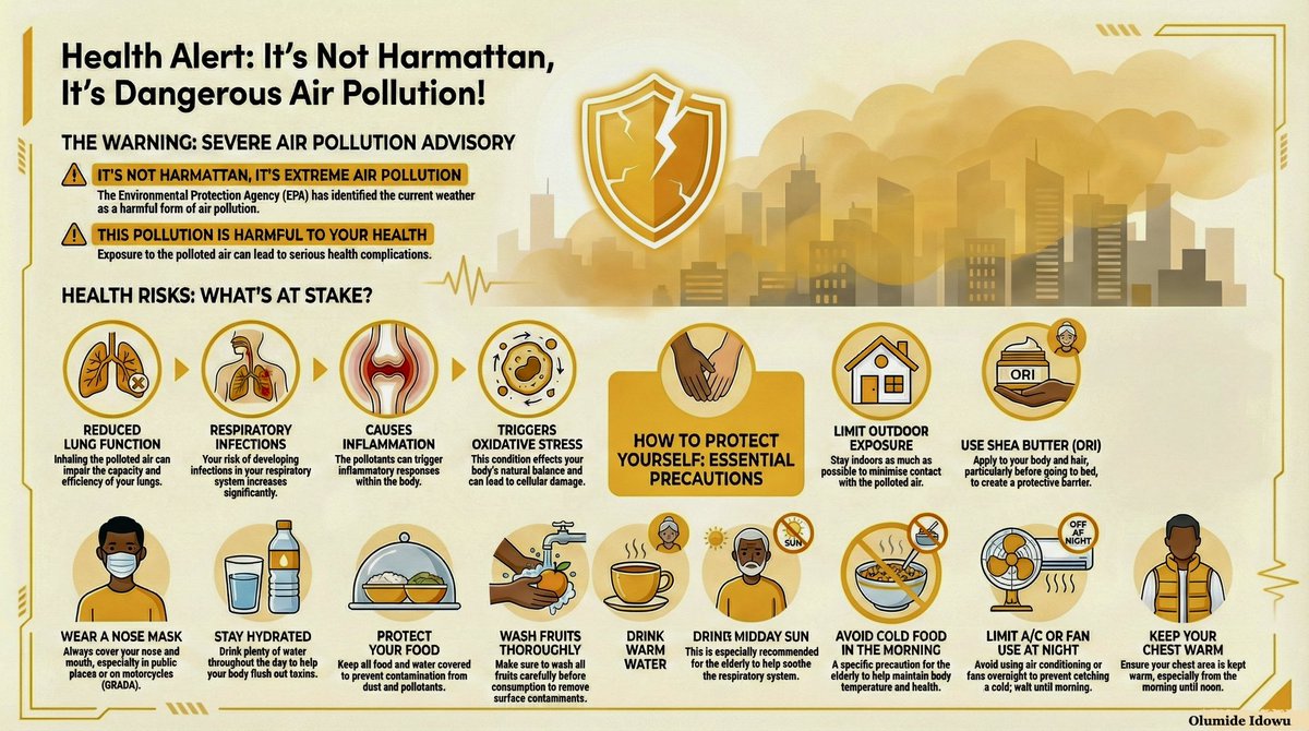 [INFOGRAPH] 𝗛𝗲𝗮𝗹𝘁𝗵 𝗔𝗹𝗲𝗿𝘁: 𝗜𝘁’𝘀 𝗡𝗼𝘁 𝗛𝗮𝗿𝗺𝗮𝘁𝘁𝗮𝗻, 𝗜𝘁’𝘀 𝗗𝗮𝗻𝗴𝗲𝗿𝗼𝘂𝘀 𝗔𝗶𝗿 𝗣𝗼𝗹𝗹𝘂𝘁𝗶𝗼𝗻! 

Nigerians must urgently take precautions because the hazy air many are attributing to harmattan is, in reality, 𝗱𝗮𝗻𝗴𝗲𝗿𝗼𝘂𝘀 𝗮𝗶𝗿