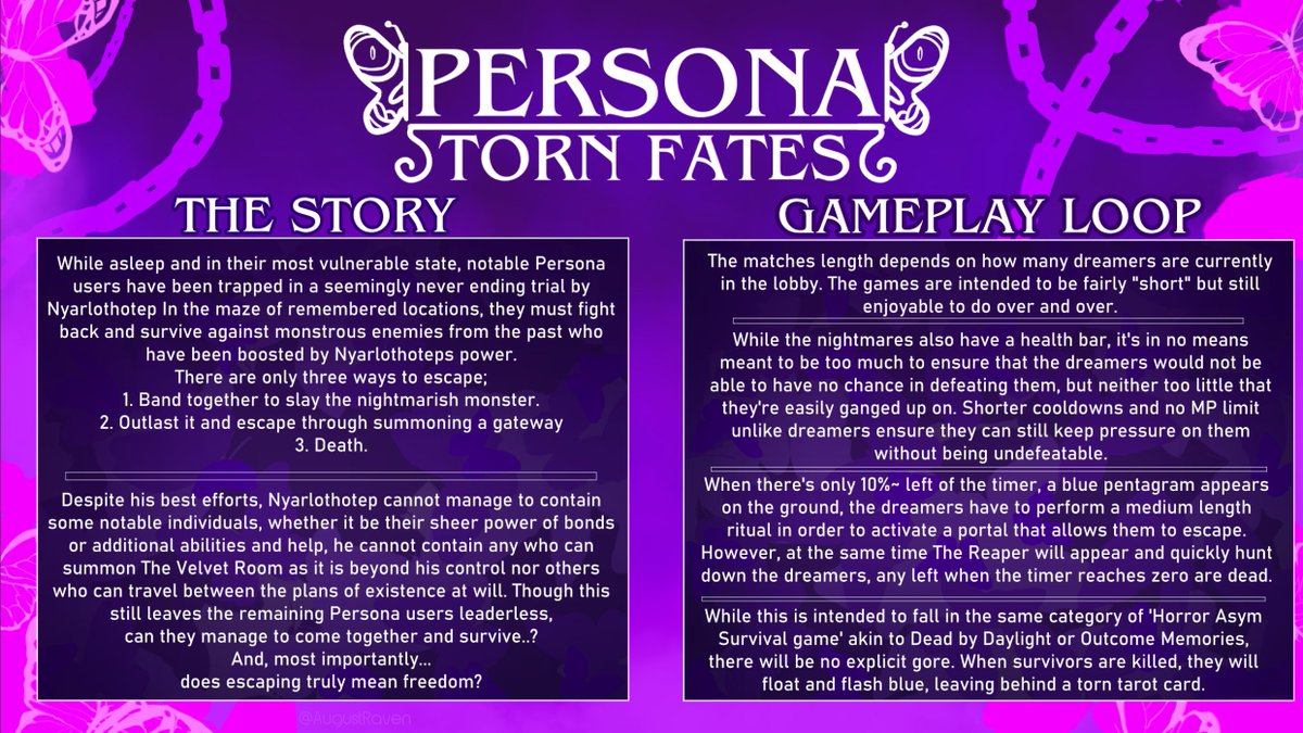 AugustRaven's tweet photo. PERSONA: TORN FATES 
[FAN GAME ASYM HORROR SURVIVAL CONCEPT]

While I have no intention to make this into a real project, this is a concept I've had in my head for months. Inspired by Dead by Daylight and Outcome Memories

I hope you like it!

#Persona #PersonaTornFates https://t.co/6mbsQQbbkZ